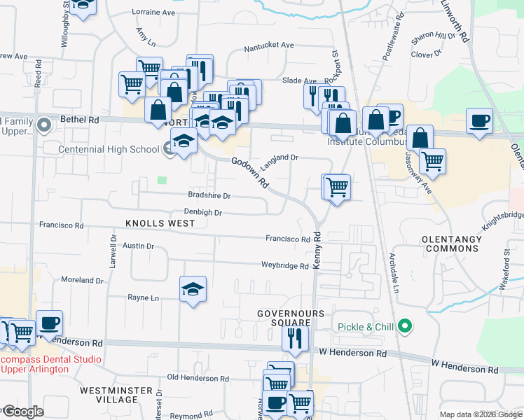 map of restaurants, bars, coffee shops, grocery stores, and more near 1219 Denbigh Drive in Columbus