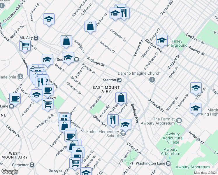 map of restaurants, bars, coffee shops, grocery stores, and more near 6746 Sprague Street in Philadelphia