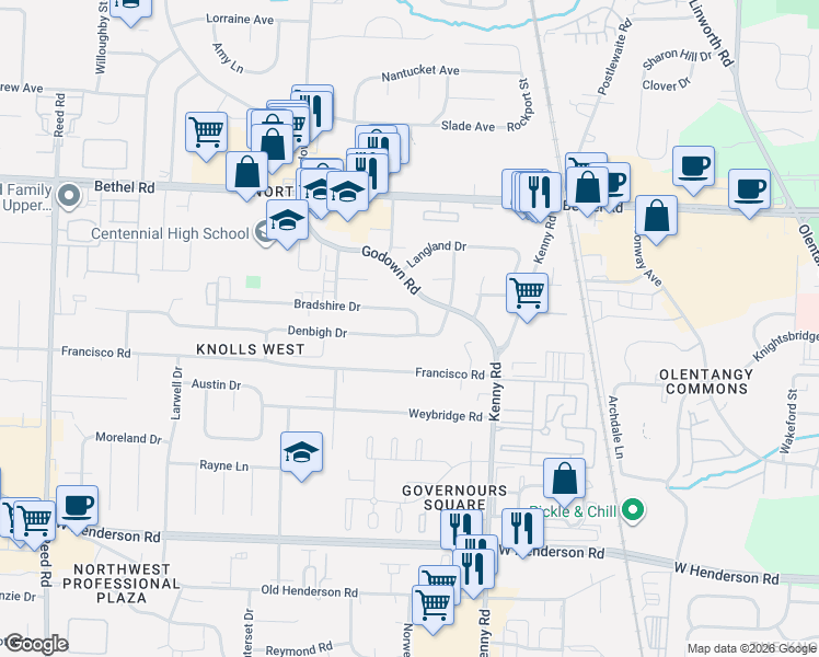map of restaurants, bars, coffee shops, grocery stores, and more near 1219 Denbigh Drive in Columbus