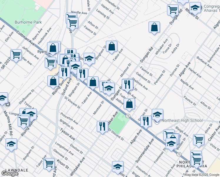 map of restaurants, bars, coffee shops, grocery stores, and more near 7321 Montour Street in Philadelphia