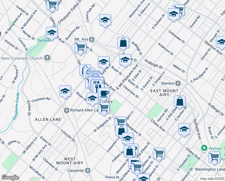 map of restaurants, bars, coffee shops, grocery stores, and more near 47 East Mount Pleasant Avenue in Philadelphia