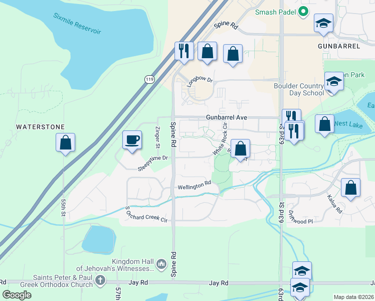 map of restaurants, bars, coffee shops, grocery stores, and more near 4658 White Rock Circle in Boulder