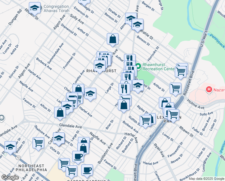 map of restaurants, bars, coffee shops, grocery stores, and more near 2108 Ripley Street in Philadelphia