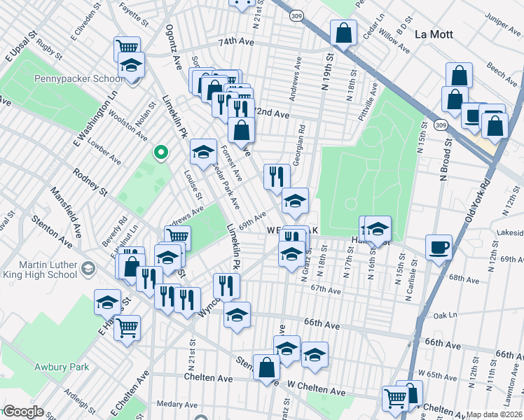 map of restaurants, bars, coffee shops, grocery stores, and more near 6801 Cedar Park Avenue in Philadelphia