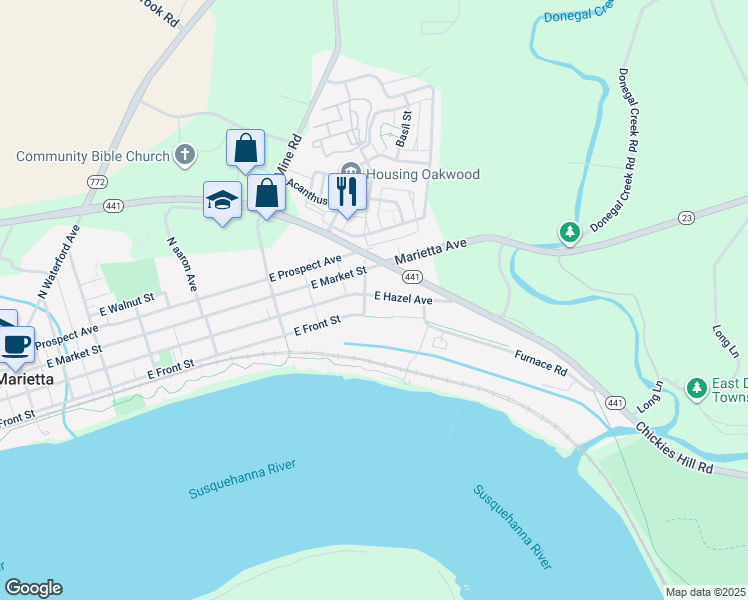 map of restaurants, bars, coffee shops, grocery stores, and more near 101 South Clay Street in Marietta