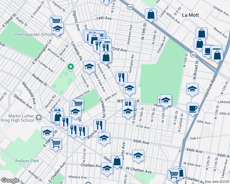 map of restaurants, bars, coffee shops, grocery stores, and more near 6801 Cedar Park Avenue in Philadelphia