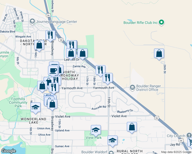 map of restaurants, bars, coffee shops, grocery stores, and more near 1828 Yaupon Avenue in Boulder