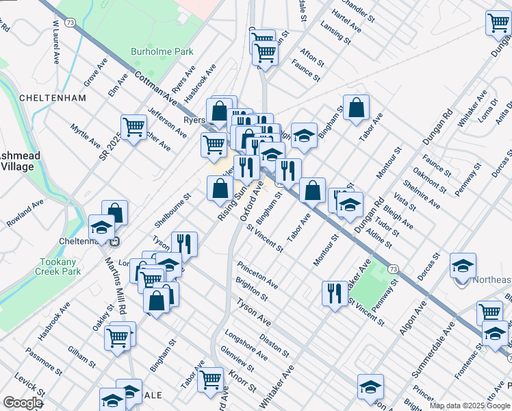 map of restaurants, bars, coffee shops, grocery stores, and more near 7227 Oxford Avenue in Philadelphia