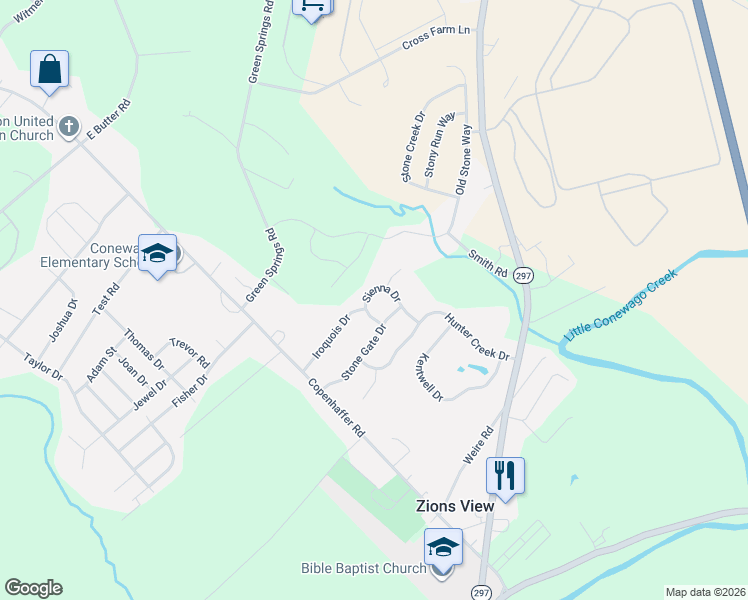 map of restaurants, bars, coffee shops, grocery stores, and more near 1145 Stone Gate Drive in York