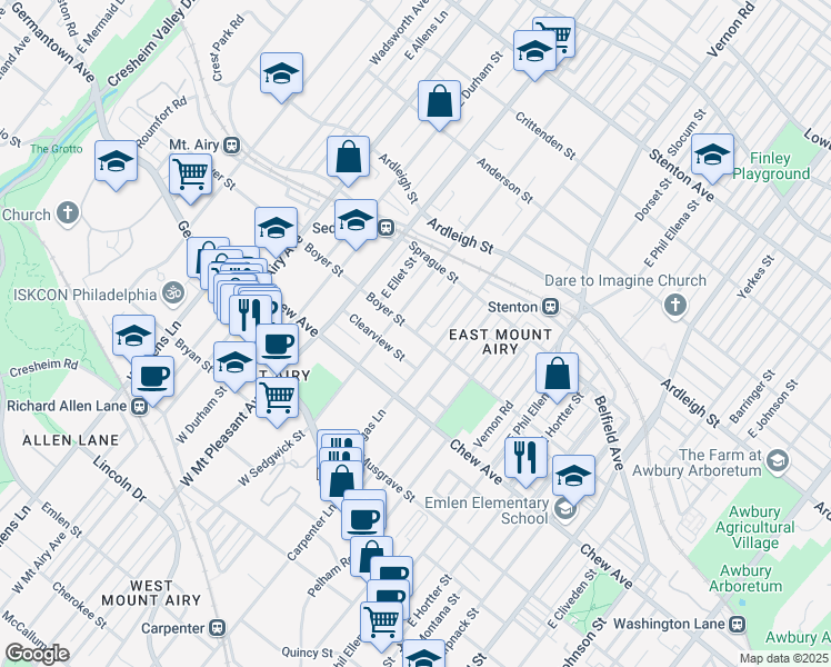 map of restaurants, bars, coffee shops, grocery stores, and more near Boyer St & E Durard St in Philadelphia