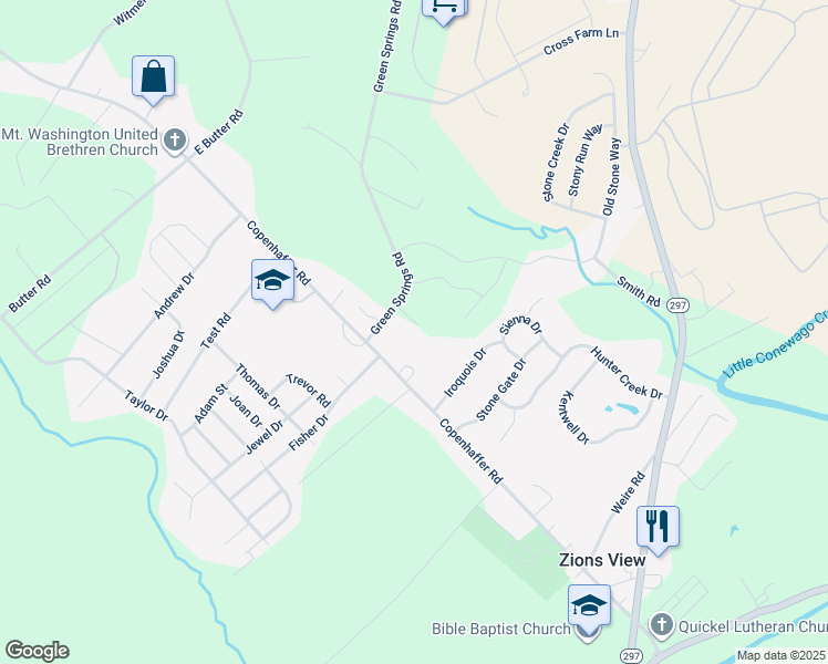 map of restaurants, bars, coffee shops, grocery stores, and more near 55 Green Springs Road in York
