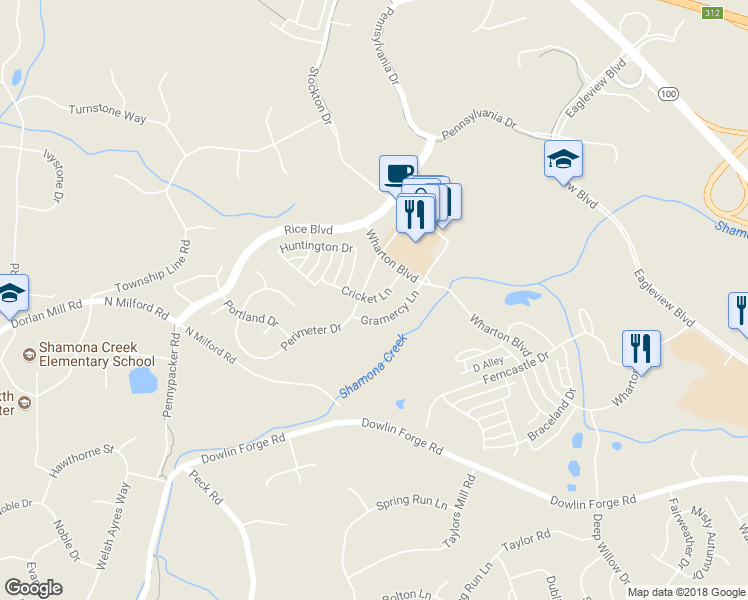 map of restaurants, bars, coffee shops, grocery stores, and more near 574 Cricket Lane in Downingtown