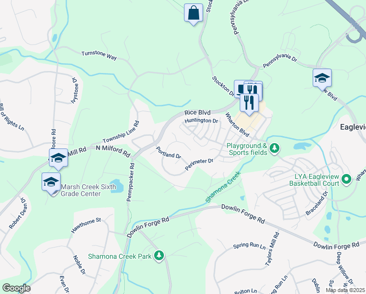 map of restaurants, bars, coffee shops, grocery stores, and more near 655 Perimeter Drive in Downingtown