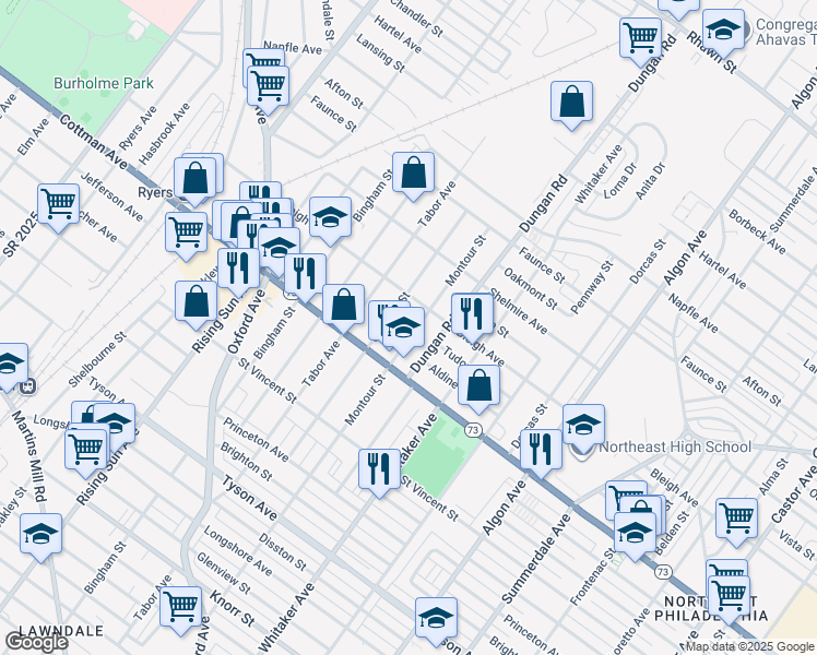 map of restaurants, bars, coffee shops, grocery stores, and more near 7321 Montour Street in Philadelphia