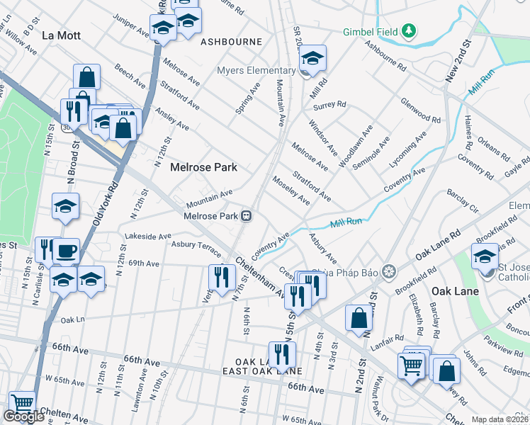 map of restaurants, bars, coffee shops, grocery stores, and more near 711 Valley Road in Melrose Park