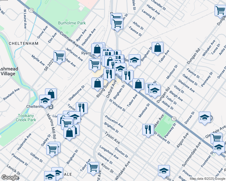 map of restaurants, bars, coffee shops, grocery stores, and more near 7227 Oxford Avenue in Philadelphia