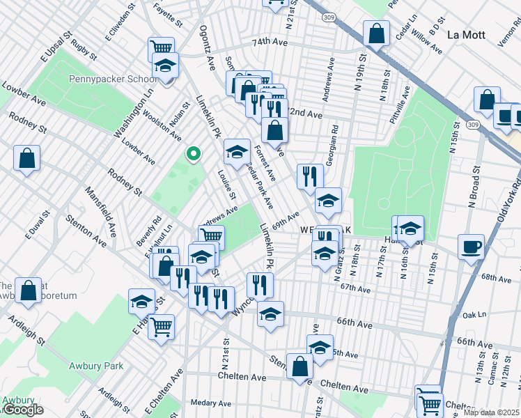 map of restaurants, bars, coffee shops, grocery stores, and more near 6949 Limekiln Pike in Philadelphia