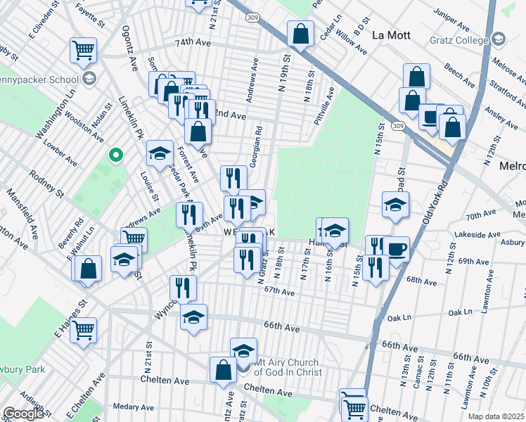 map of restaurants, bars, coffee shops, grocery stores, and more near 6867 North 19th Street in Philadelphia