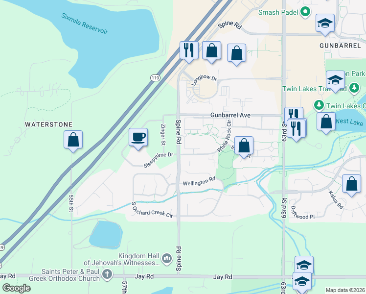 map of restaurants, bars, coffee shops, grocery stores, and more near 4729 Spine Road in Boulder