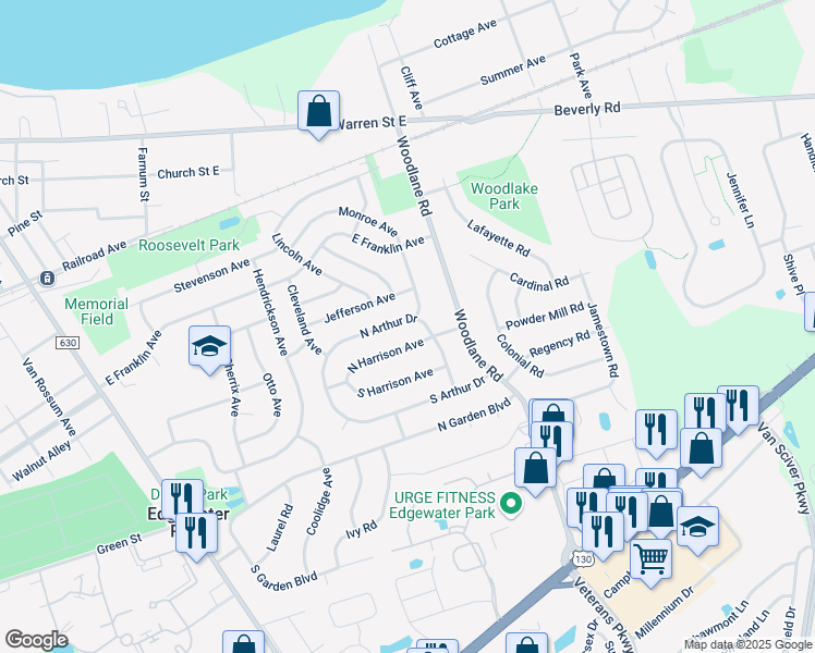 map of restaurants, bars, coffee shops, grocery stores, and more near 207 North Harrison Avenue in Edgewater Park