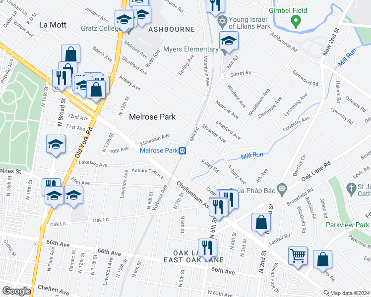 map of restaurants, bars, coffee shops, grocery stores, and more near 890 Valley Road in Melrose Park