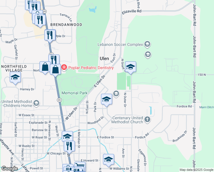 map of restaurants, bars, coffee shops, grocery stores, and more near 1507 Park Drive in Lebanon