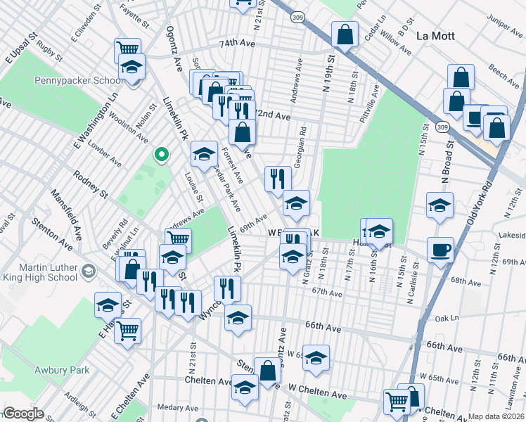 map of restaurants, bars, coffee shops, grocery stores, and more near 6801 Cedar Park Avenue in Philadelphia