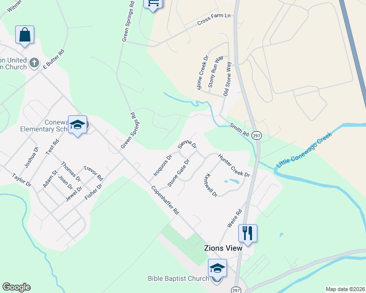 map of restaurants, bars, coffee shops, grocery stores, and more near 1145 Stone Gate Drive in York