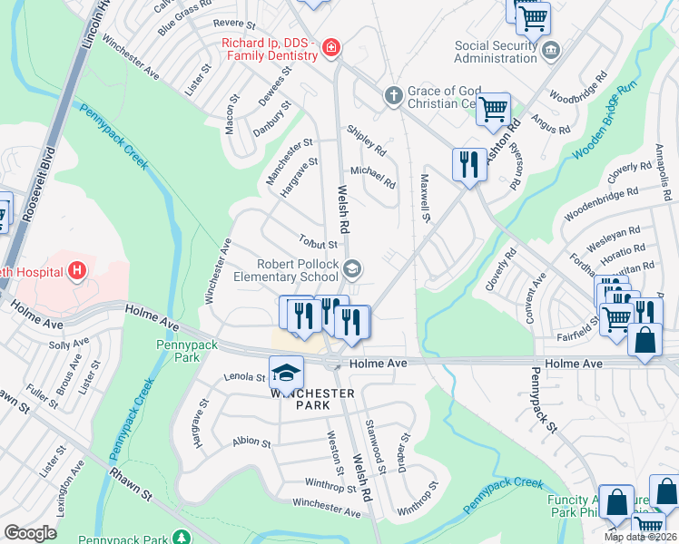 map of restaurants, bars, coffee shops, grocery stores, and more near 2868 Welsh Road in Philadelphia