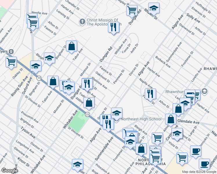 map of restaurants, bars, coffee shops, grocery stores, and more near 1507 Shelmire Avenue in Philadelphia