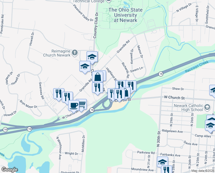 map of restaurants, bars, coffee shops, grocery stores, and more near 570 Country Club Drive in Newark