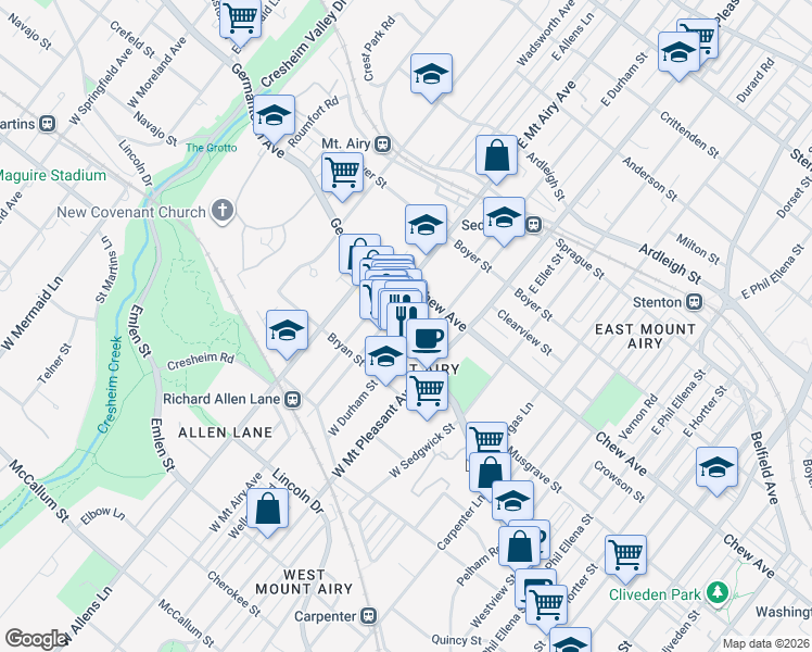 map of restaurants, bars, coffee shops, grocery stores, and more near 7140 Germantown Avenue in Philadelphia