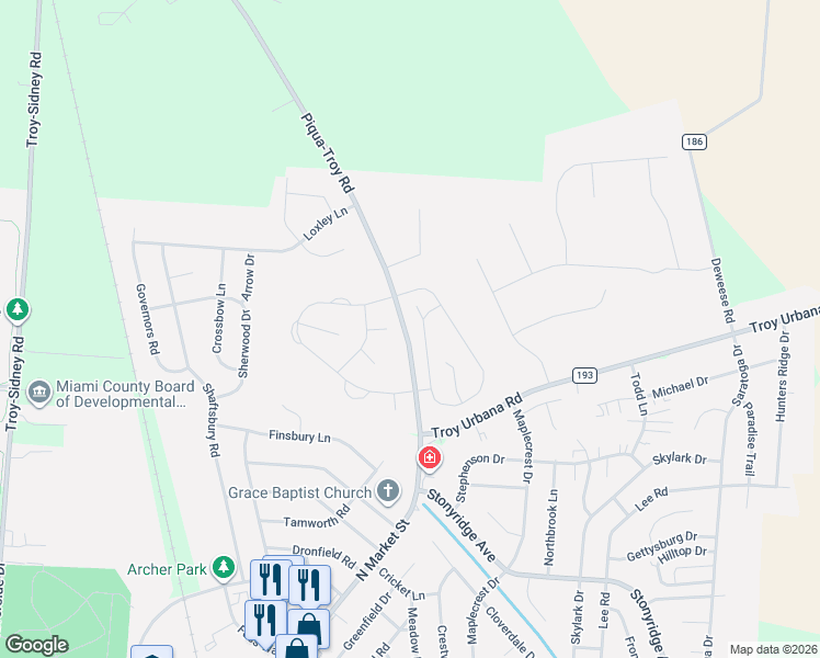 map of restaurants, bars, coffee shops, grocery stores, and more near Piqua-Troy Road in Troy