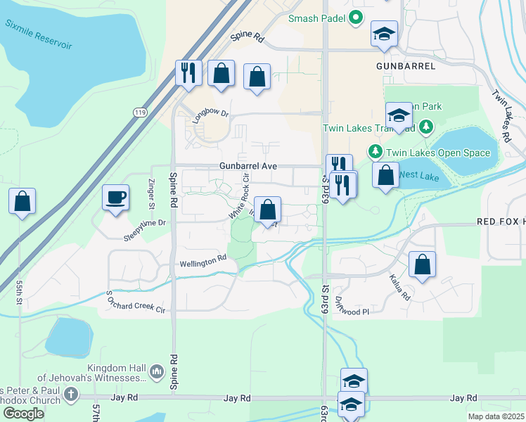 map of restaurants, bars, coffee shops, grocery stores, and more near 6148 Willow Lane in Boulder