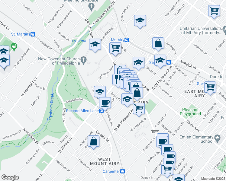 map of restaurants, bars, coffee shops, grocery stores, and more near 60 West Allens Lane in Philadelphia
