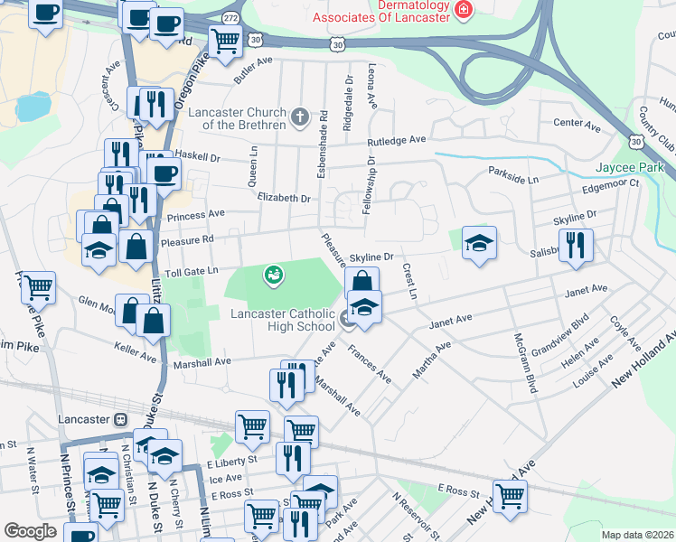 map of restaurants, bars, coffee shops, grocery stores, and more near 655 Stadium Road in Lancaster