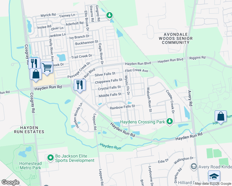 map of restaurants, bars, coffee shops, grocery stores, and more near 5566 Bow Falls Boulevard in Hilliard