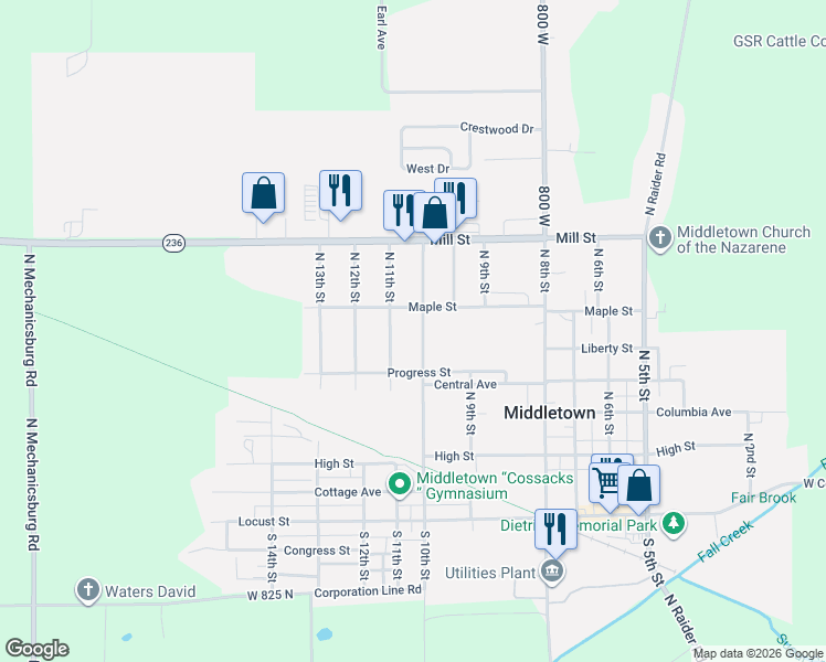 map of restaurants, bars, coffee shops, grocery stores, and more near 500-542 N 10th St in Middletown