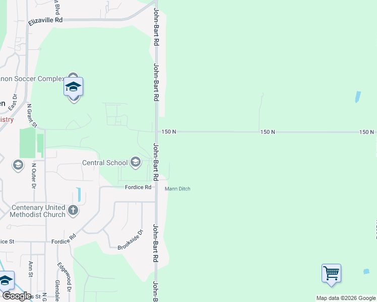 map of restaurants, bars, coffee shops, grocery stores, and more near 1153 150 North in Lebanon
