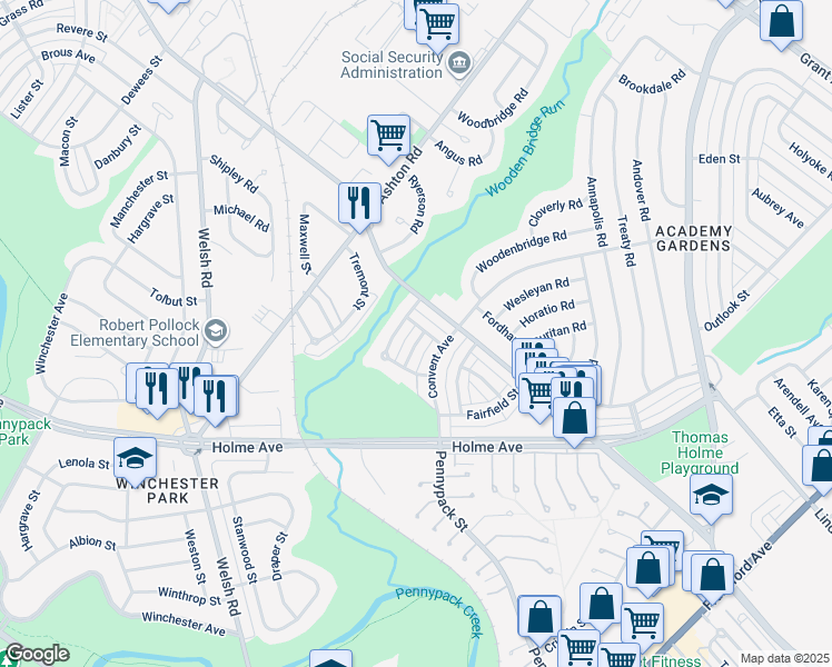map of restaurants, bars, coffee shops, grocery stores, and more near 9120 Woodenbridge Road in Philadelphia