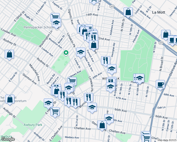 map of restaurants, bars, coffee shops, grocery stores, and more near 6953 Limekiln Pike in Philadelphia
