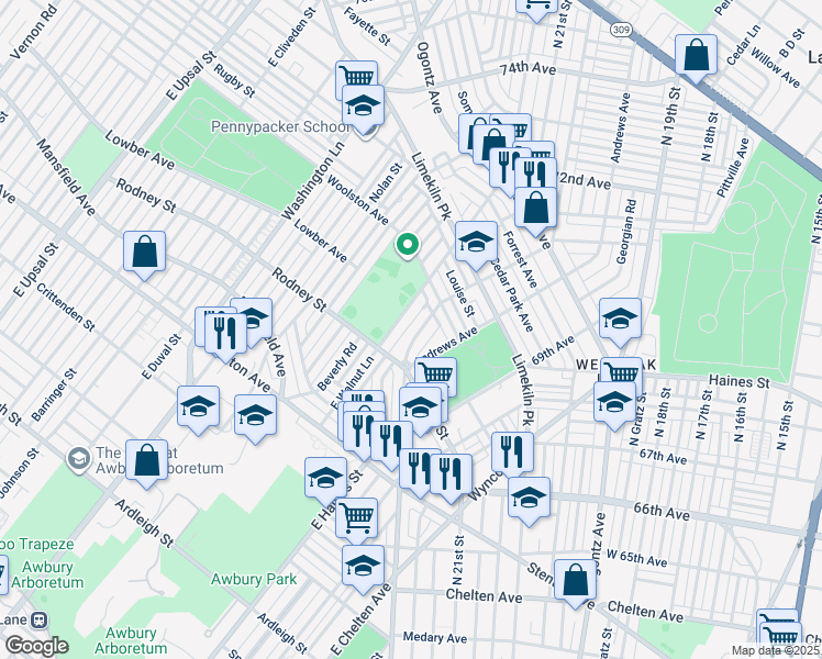 map of restaurants, bars, coffee shops, grocery stores, and more near 1639 Middleton Street in Philadelphia
