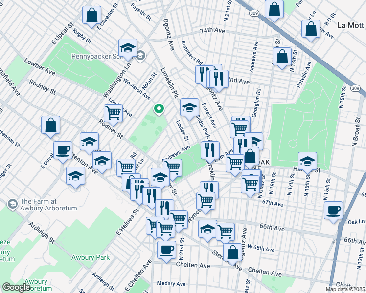 map of restaurants, bars, coffee shops, grocery stores, and more near 7005 Woolston Avenue in Philadelphia