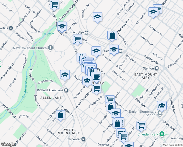 map of restaurants, bars, coffee shops, grocery stores, and more near 7140 Germantown Avenue in Philadelphia