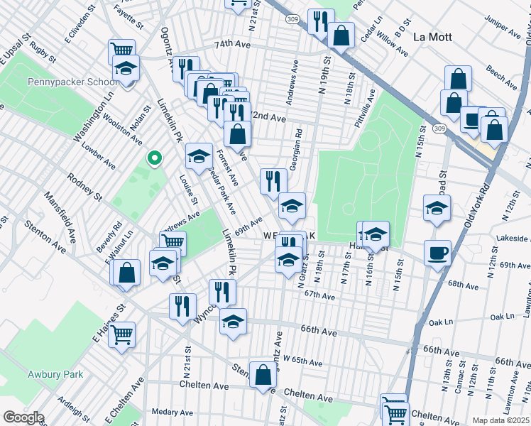 map of restaurants, bars, coffee shops, grocery stores, and more near 6900 Ogontz Avenue in Philadelphia
