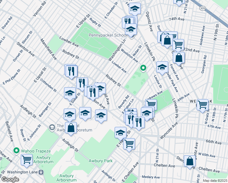 map of restaurants, bars, coffee shops, grocery stores, and more near 7271 Cornelius Street in Philadelphia