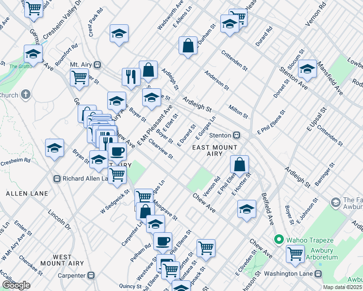 map of restaurants, bars, coffee shops, grocery stores, and more near 6909 Boyer Street in Philadelphia