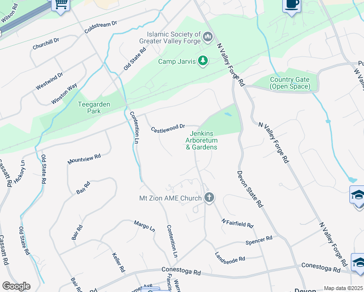 map of restaurants, bars, coffee shops, grocery stores, and more near 600 Berwyn Baptist Road in Devon