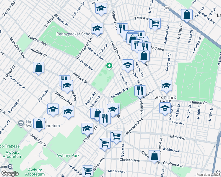 map of restaurants, bars, coffee shops, grocery stores, and more near 1639 Middleton Street in Philadelphia