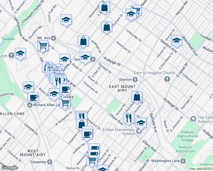 map of restaurants, bars, coffee shops, grocery stores, and more near 317 East Gorgas Lane in Philadelphia